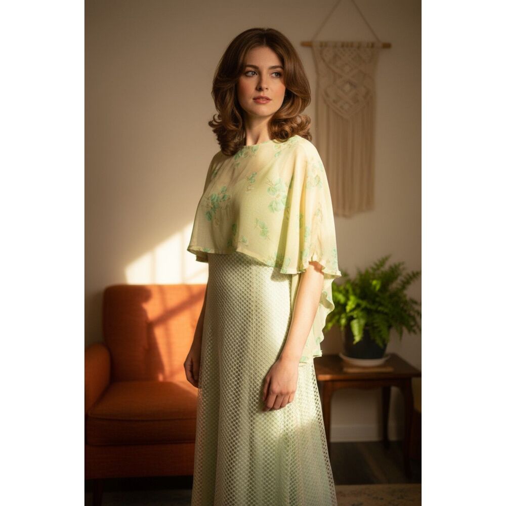 Vintage 1970s maxi dress Baby Doll Empire Waist Mint Seafoam Green Gown with Cap